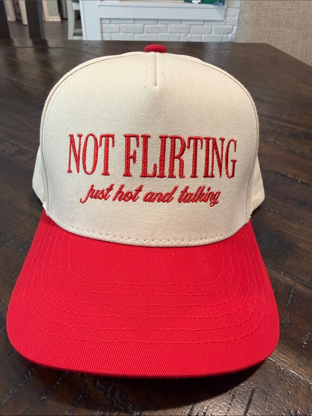 “The Happiest” Embroidered 'Not Flirting' Two-Tone Trucker Hat - Red & Cream
